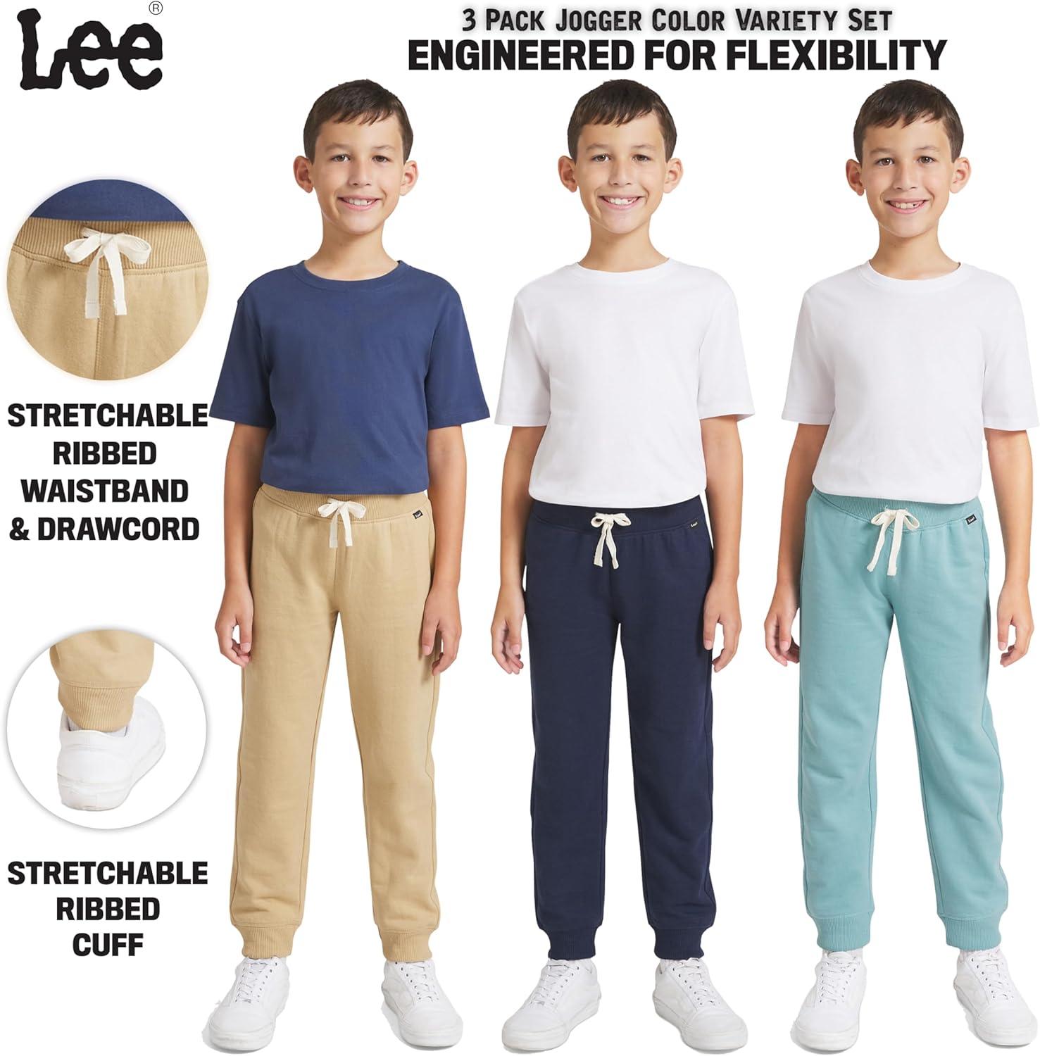 imageLee Boys 3 Pack Variety Midweight Super Soft Fleece Lined Stretchable Jogger PantsKhaki Black Blue Set