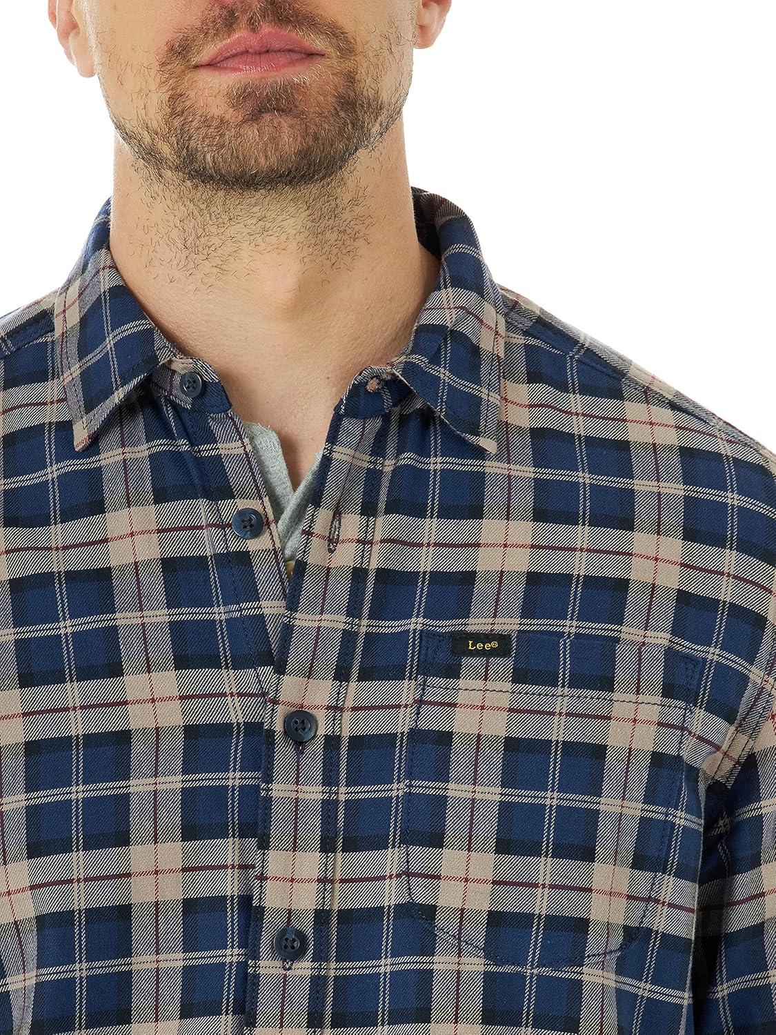 imageLee Mens All Purpose Classic Fit Long Sleeve ShirtNavy Plaid Stretch Twill
