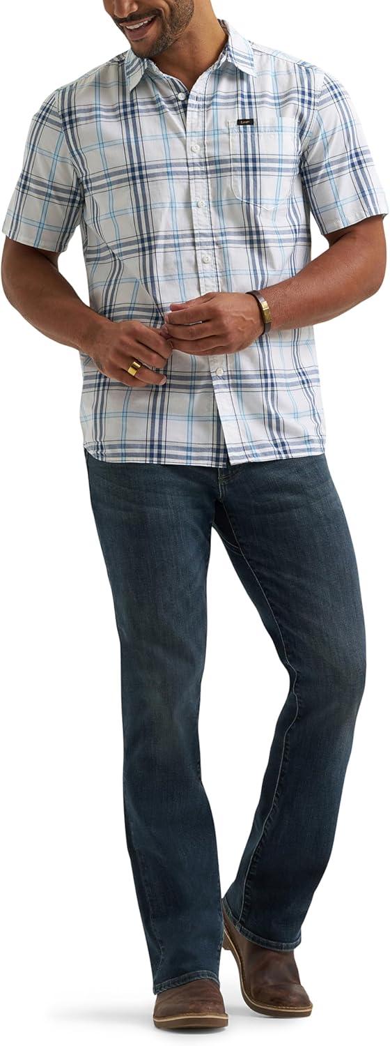 imageLee Mens All Purpose Classic Fit Short Sleeve ShirtOrion BlueWhite Plaid