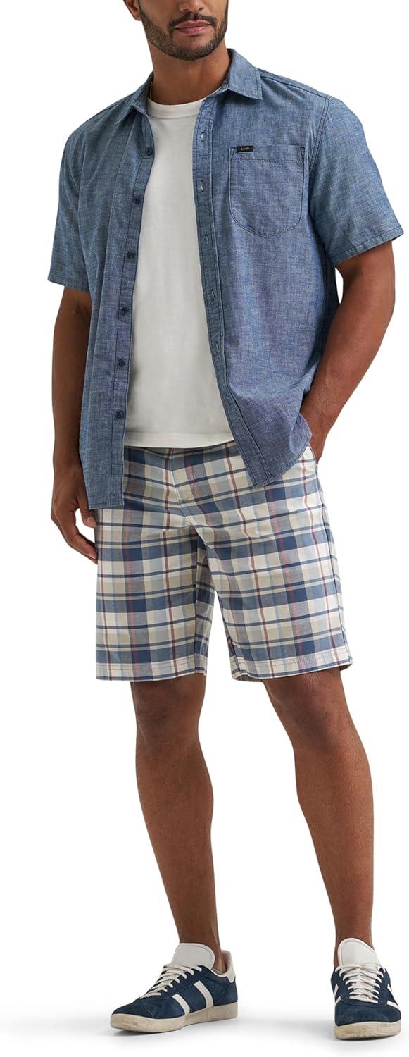 imageLee Mens Extreme Motion Flat Front Short Slate Gray Plaid 36