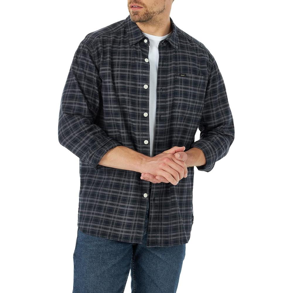 imageLee Mens All Purpose Classic Fit Long Sleeve ShirtBlackGray Plaid Stretch Twill