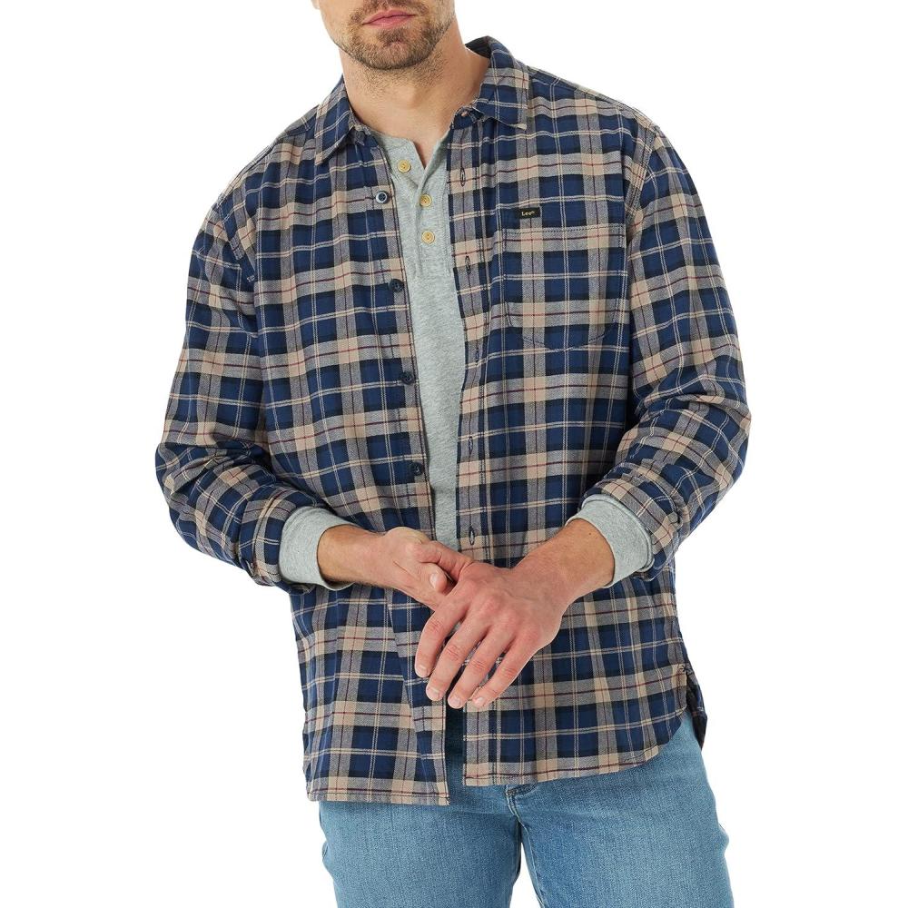 imageLee Mens All Purpose Classic Fit Long Sleeve ShirtNavy Plaid Stretch Twill