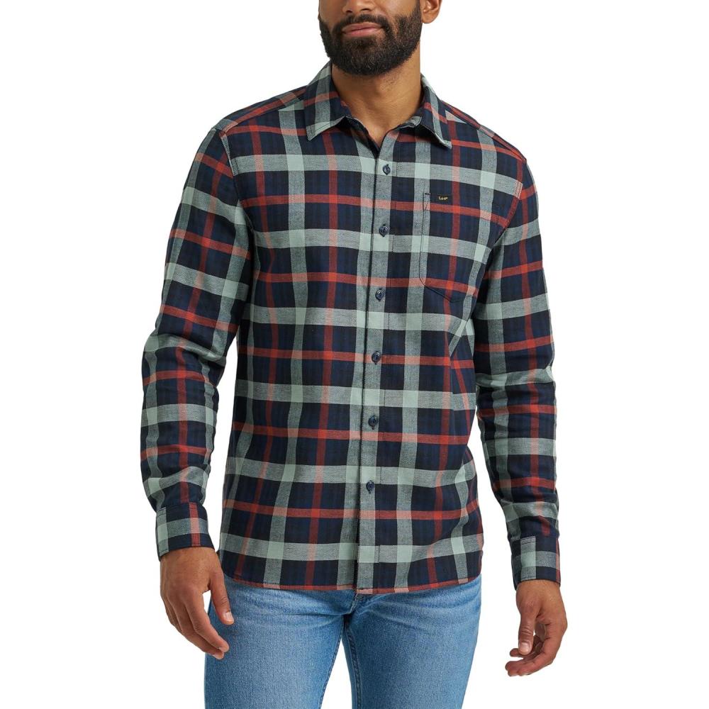 imageLee Mens All Purpose Classic Fit Long Sleeve ShirtNavy Sage Plaid