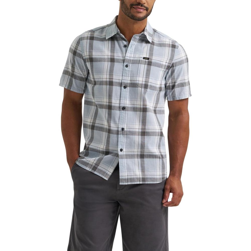 imageLee Mens All Purpose Classic Fit Short Sleeve ShirtConcrete Gray Plaid