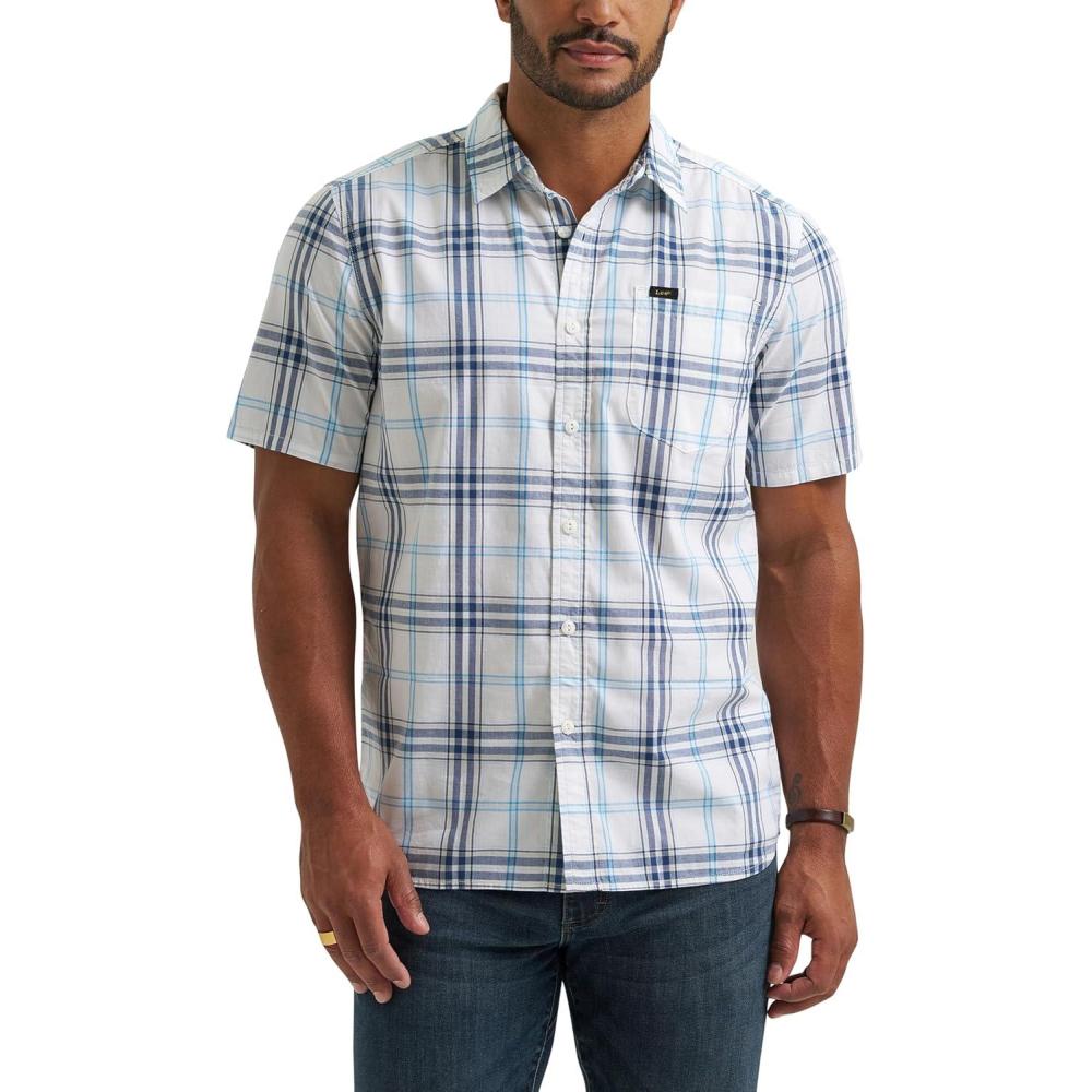 imageLee Mens All Purpose Classic Fit Short Sleeve ShirtOrion BlueWhite Plaid
